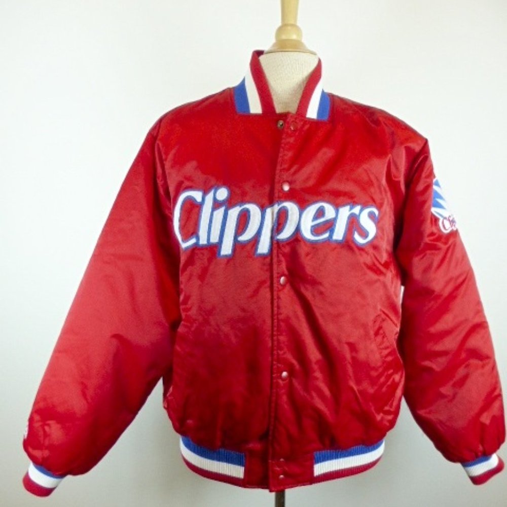VINTAGE CLIPPERS red basketball lined snap front bomber NBA JACKET L - XL